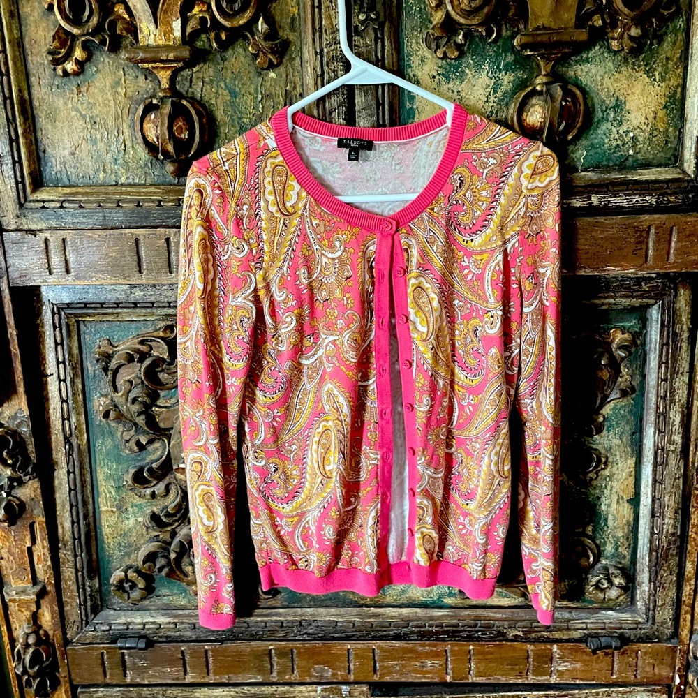 Colorful paisley cardigan- rich corals and beiges-